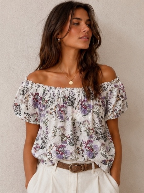 Mango Tops - Violeta by Mango Floral Eyelet Off Shoulder Blouse White Purple M